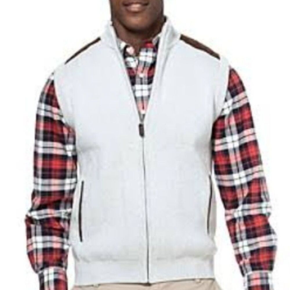 Chaps Brown Faux Suede Accented Beige Full Zip Sweater Vest Size S